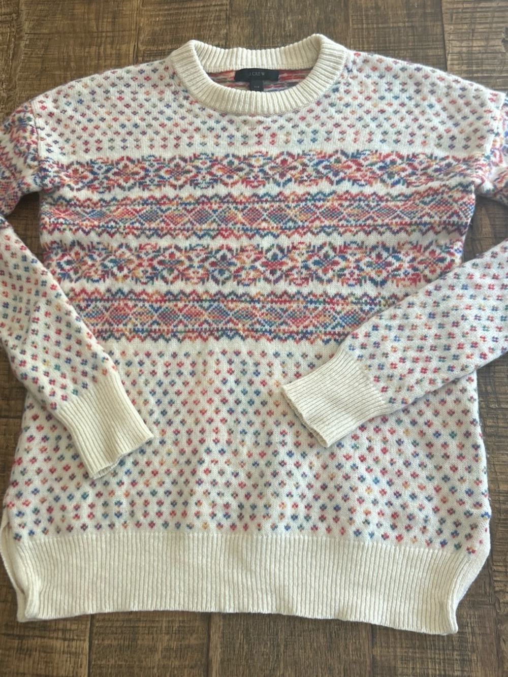 J. Crew Cream Fair Isle Crewneck Sweater with Multicolor Pattern
